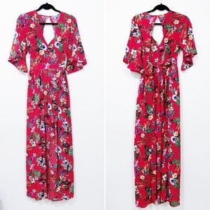 Red Floral Maxi Romper Dress Luau Dolman Sleeve